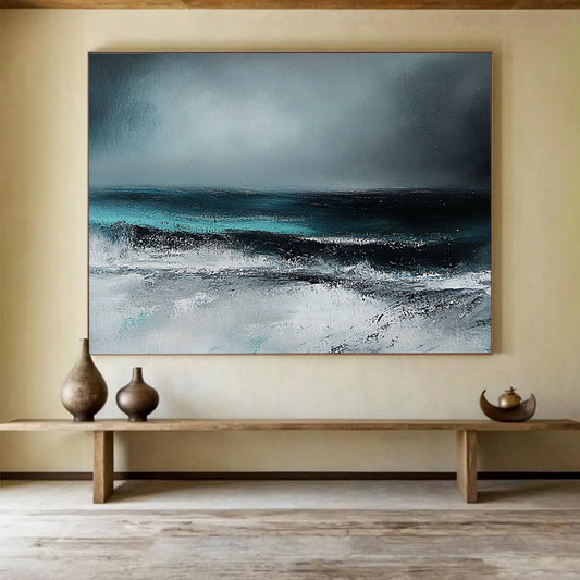 “Dark Sea Storm” - Gray, Blue, Black, White - Stormy Sea Abstract - Acrylic Painting HB1305