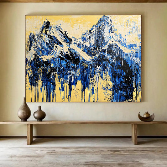 “Mountain Streams of Blue and Yellow” - Blue, yellow; Abstract mountain peaks; Drip - style Acrylic Painting On Canvas HB1187
