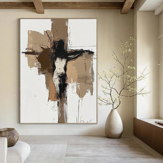 Contemporary abstract painting featuring earthy tones with a minimalist depiction of Jesus on the cross on a white background. DLZ0872