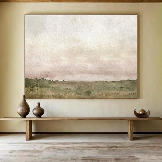 “Subtle Landscape Watercolor” - Pale Pink, Gray, Green, Brown, Minimalist Horizon - Watercolor Painting HB1774