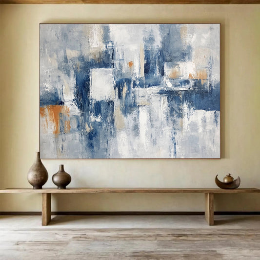 “Gray - Blue Abstract with Orange Accents” - Gray, Blue, White, Orange, Abstract Shapes Painting On Canvas HB0834