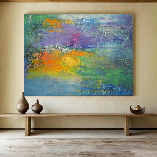 “Colorful Abstract Landscape” - Green, blue, purple, orange, yellow; Colorful abstract landscape with thick brushstrokes; Oil Painting On Canvas HB1275