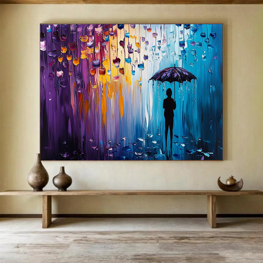 “Color - Dripping Umbrella Silhouette” - Purples, Blues, Oranges, Figure with Umbrella - Palette Knife Acrylic Painting HB1587
