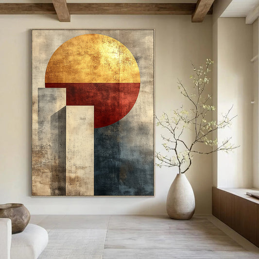 Contemporary abstract artwork featuring minimalist boho geometric shapes in muted tones with gold accents and a textured canvas finish. DLZ1343