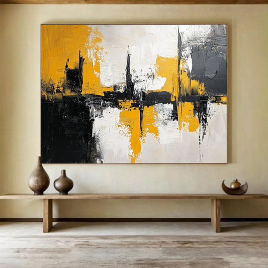 “Yellow - Black Urban Abstract Reflection” - Yellow, Black, Gray, White, Reflective Cityscape Painting On Canvas HB0813