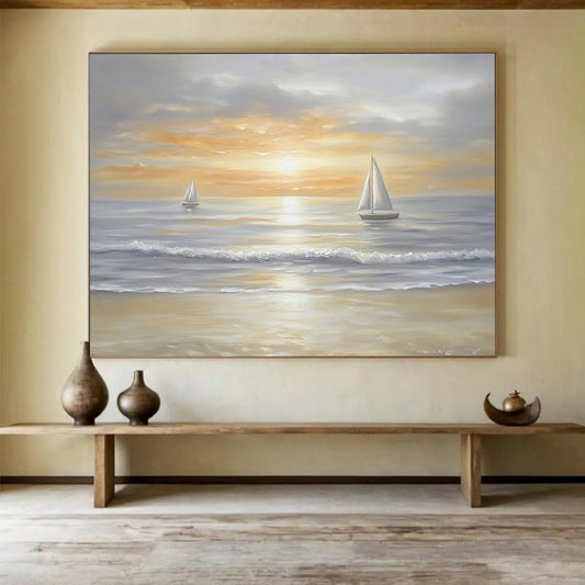“Sailboats at Dusk” - Neutrals, Oranges, Yellows, Sailboats on Calm Sea at Sunset - Oil Painting HB1757