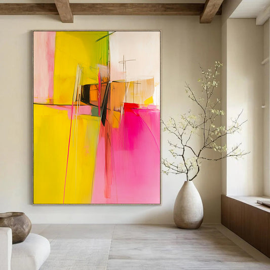 Contemporary abstract painting featuring pink and yellow hues, geometric shapes, and white space, evoking emotions through bold brushstrokes and soft curves. DLZ0719