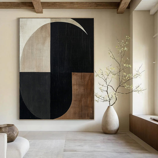 Contemporary hand-painted abstract artwork featuring minimalist black and white shapes with beige and brown tones creating a balanced geometric composition. DLZ1308