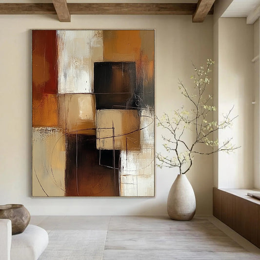 Contemporary hand-painted abstract art features warm brown and beige blocks with white accents showcasing visible brush strokes and soft edges. DLZ0978