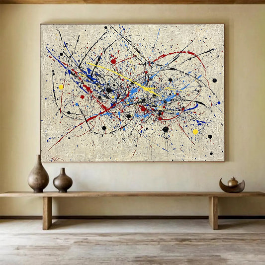 “Colorful Splatter Painting” - Multicolor splatters, gray background, Abstract Expressionist Painting HB0633