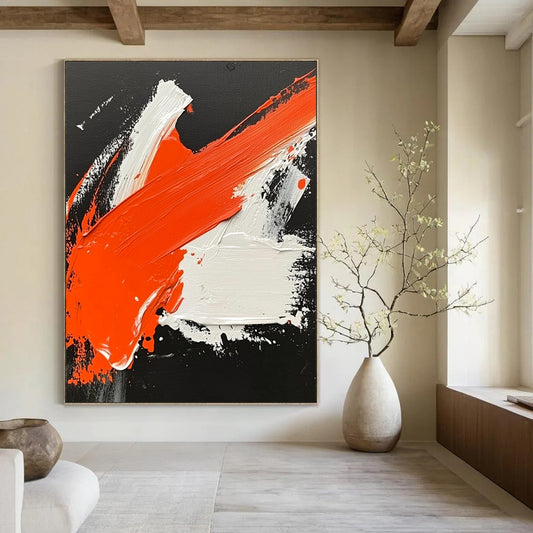 Contemporary hand-painted abstract artwork featuring dynamic orange and white strokes on a striking black background inspired by Wu Guanzhong. DLZ0499