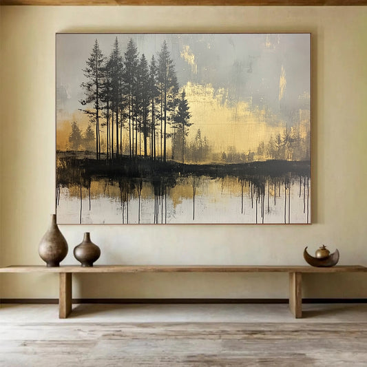 “Golden Forest Reflection” - Black, Gold, Gray, Silhouetted Trees and Reflective Water Painting On Canvas HB0948
