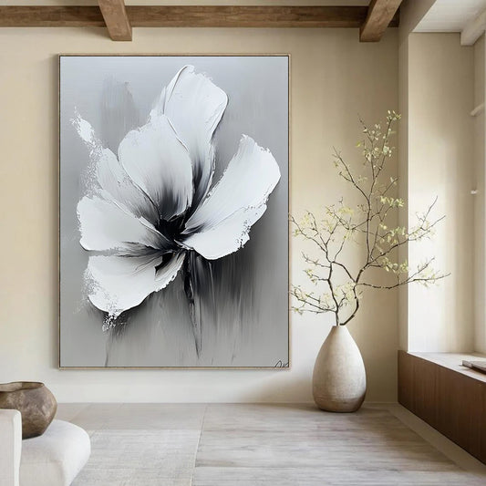 Contemporary abstract oil painting featuring bold white flowers and a high contrast black and gray palette on a neutral background. DLZ0827