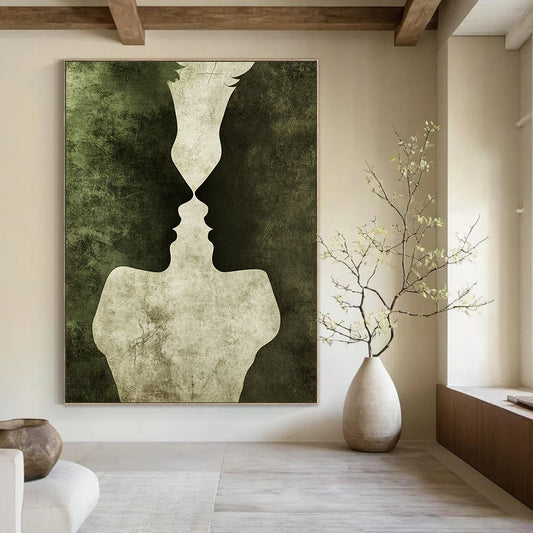 Contemporary hand-painted abstract artwork featuring entwined silhouettes in dark green and gray tones symbolizing love with rich textures and romantic atmosphere. DLZ1337