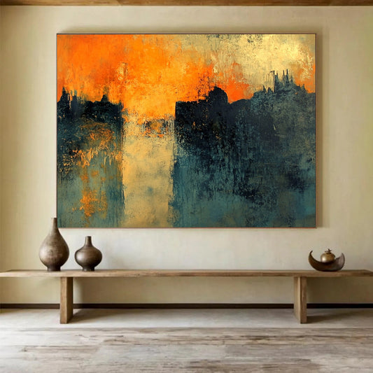 “Orange Sunset City Silhouette” - Orange, Blue, Black, Abstract Dramatic City Sunset Painting On Canvas HB1095