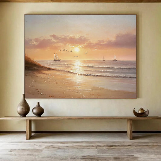 “Serene Sunset Beach” - Oranges, Pinks, Purples, Calm Beach with Sailboats - Realist Oil Painting HB1720