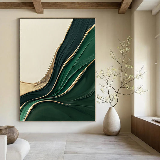 Contemporary hand-painted abstract art features a light green and dark beige gradient with curved lines and gold foil, creating an elegant textured appearance. DLZ0711