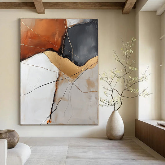 Contemporary hand-painted abstract artwork featuring an orange white grey rock with golden veins and delicate black lines enhancing visual depth. DLZ0963
