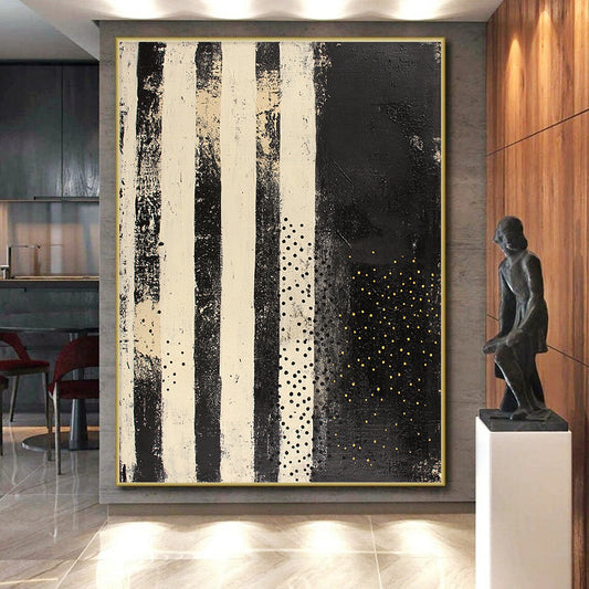 Black, White & Gold Striped Dots - “Vintage Star Map” Painting On Canvas HB196