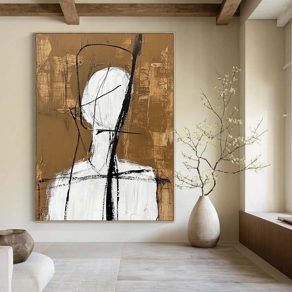 Contemporary abstract artwork featuring a simple white figure with black lines and a warm brown background inspired by Jean Cocteau's style. DLZ1463