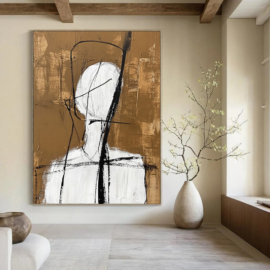 Contemporary abstract artwork featuring a simple white figure with black lines and a warm brown background inspired by Jean Cocteau's style. DLZ1463