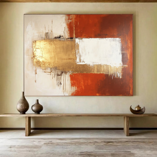 “Elegant Geometric Fusion in Orange, Gold, and White” - Orange, gold, white; Abstract geometric blocks; Acrylic Painting On Canvas HB1226