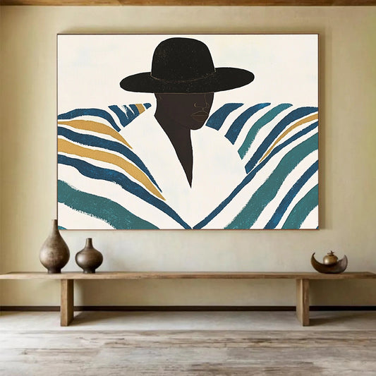 “Stylish Striped Silhouette” - Blacks, Whites, Blues, Golds, Fashion Figure - Flat - Style Illustration HB1560