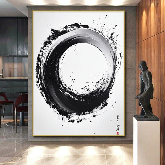 Black and White Textured Circle "Rustic Enso" Painting On Canvas HB288