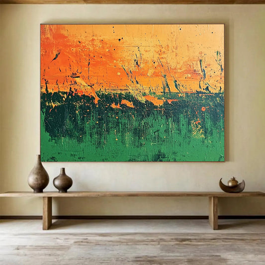 “Orange - Green Abstract Field” - Orange, Green, Abstract Field, Textured Layers HB1125