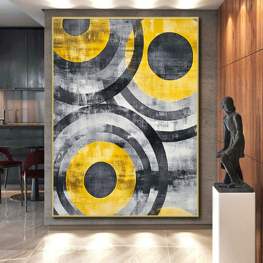 Gray, Black, Yellow and White Abstract Circles "Energetic Orbits" Painting On Canvas HB380