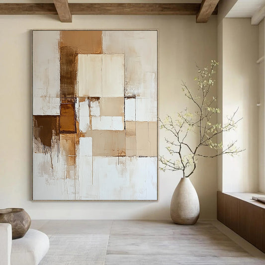 Contemporary hand-painted abstract artwork features neutral tones of beige and white with dynamic color blocks and a striking brown accent. DLZ0527