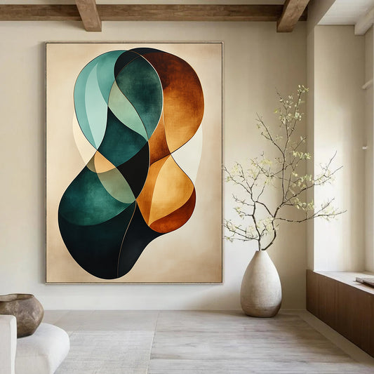 Abstract artwork features graceful teal and brown curves on a beige background with a gold border and a soft canvas texture. DLZ0737