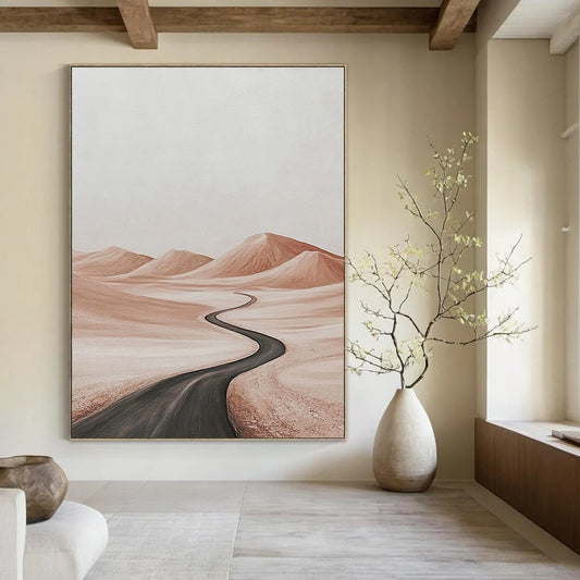 Contemporary abstract painting featuring a tranquil desert road with distant hills in subtle light browns and grays against a white background for serene ambiance. DLZ1451