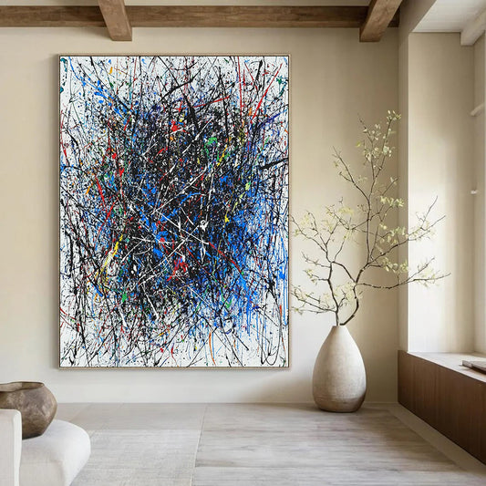 Contemporary hand-painted abstract artwork featuring vibrant interlaced lines in blue red black white green and purple with dynamic shapes enhancing its energy. DLZ1285