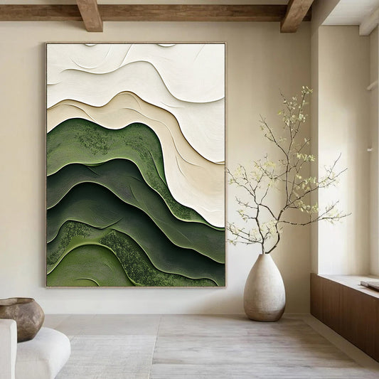 Contemporary abstract artistry featuring soft green and white layered topography enhances modern decor with elegant curves and intricate organic textures. DLZ1227
