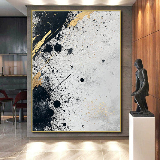 Gray, Black, Gold, Splattered Patterns "Industrial Luxe" Abstract Painting On Canvas HB037