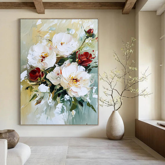 Contemporary abstract painting featuring textured white peonies and red roses with vibrant brush strokes and a soft, natural background. DLZ0673