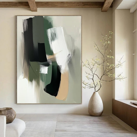 Contemporary abstract painting featuring minimalist shapes in sage green and white with black accents and bold brushstrokes for a modern aesthetic. DLZ0435