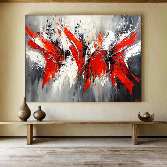 “Red & Gray Abstract Surge” - Bold reds, whites, grays, blacks; Dynamic abstract strokes; Abstract Expressionist Painting On Canvas HB1164