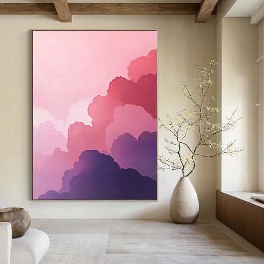 Abstract oil painting with pink and purple clouds featuring a minimalist aesthetic against a dark grey and violet background showcasing high detail and contemporary artistry. DLZ1691