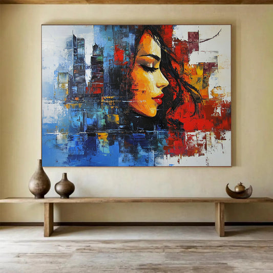 “Colorful Urban Woman Portrait” - Colorful Palette, Woman’s Face, City Background Painting On Canvas HB0851