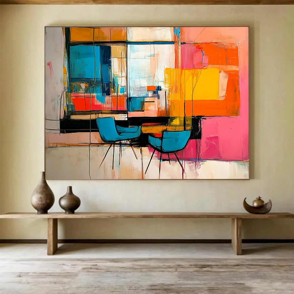 “Vibrant Interior Abstraction” - Multicolor, Abstract Interior Scene with Chairs HB1119