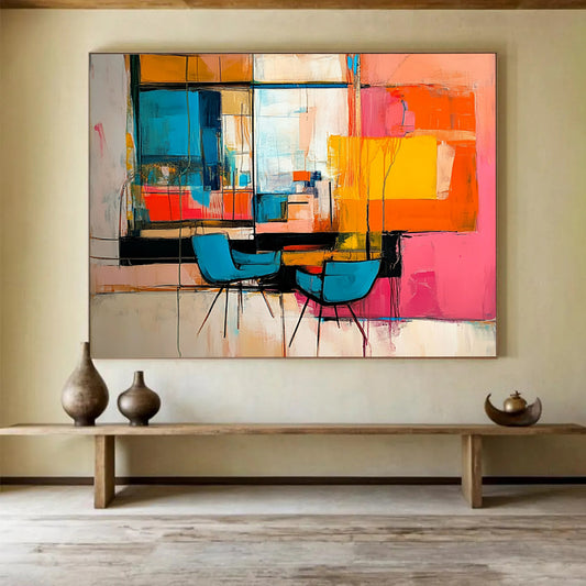 “Vibrant Interior Abstraction” - Multicolor, Abstract Interior Scene with Chairs HB1119