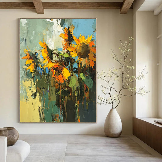 Vibrant contemporary abstract painting capturing sunflowers in a striking palette, showcasing bold brushstrokes and dynamic texture. DLZ0645