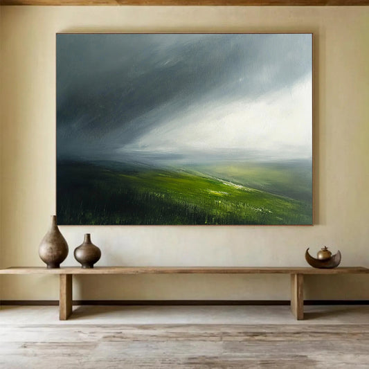 “Misty Moorland” - Gray, Green, Abstract Atmospheric Landscape Painting On Canvas HB1087