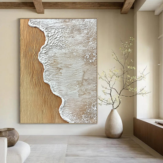Contemporary hand-painted abstract artwork featuring textured sand and wood with ocean wave edge in white, capturing the essence of sea foam. DLZ1206