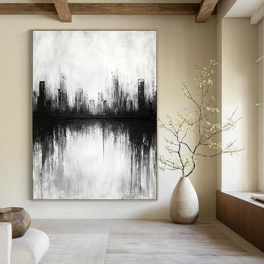 Contemporary abstract artwork featuring a cityscape with lake reflections soft focus and neutral tones creating a tranquil and contemplative atmosphere. DLZ0301