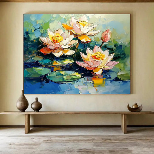 “Impasto Lotus Blossoms” - Pink, White, Yellow, Green, Blue, Thick - textured Lotus Flowers on Water - Impasto Oil Painting HB1766