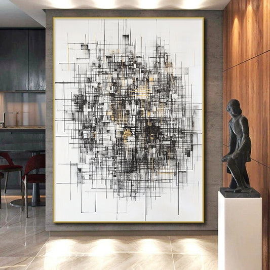 Black, White, Gray, Gold, Intersecting Lines "Gilded Urban Web" Abstract Expressionist Painting On Canvas HB124