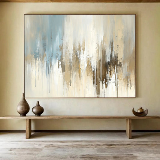 “Beige and Blue Abstract Drip” - Beige, blue, gray, white; Abstract with drip effects and soft color transitions; Acrylic Painting On Canvas HB1263